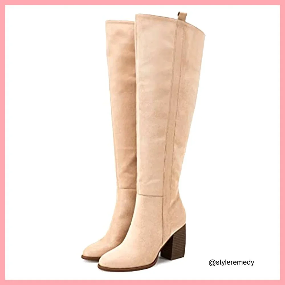 Faux Suede Over The Knee Thigh High Boots Pointed Toe Block Heel